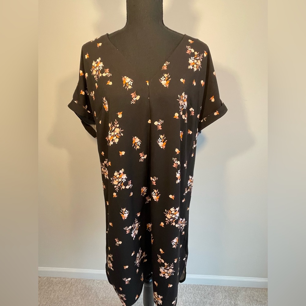 A New Day Black Floral Shift Dress Size L
